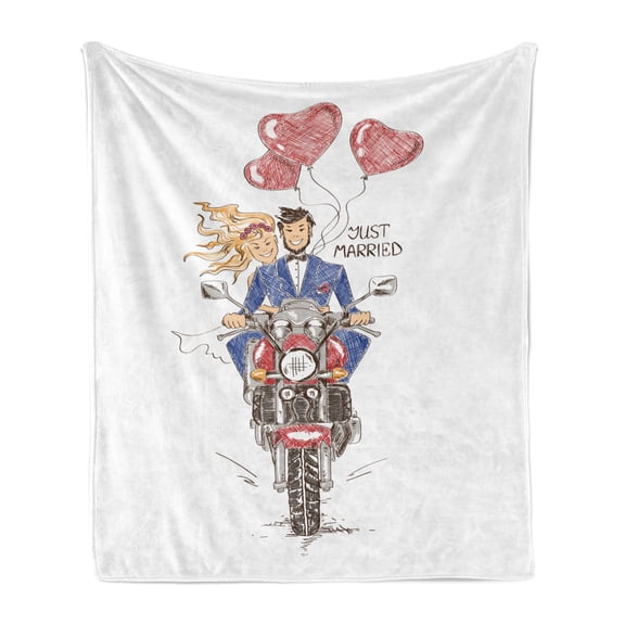 Motorcycle Soft Flannel Fleece Blanket, Sketch of a Married Couple on Bike with Hand Drawn Heart Shaped Balloons Wedding, Cozy Plush for Indoor and Outdoor Use, 60" x 80", Multicolor, by Ambesonne