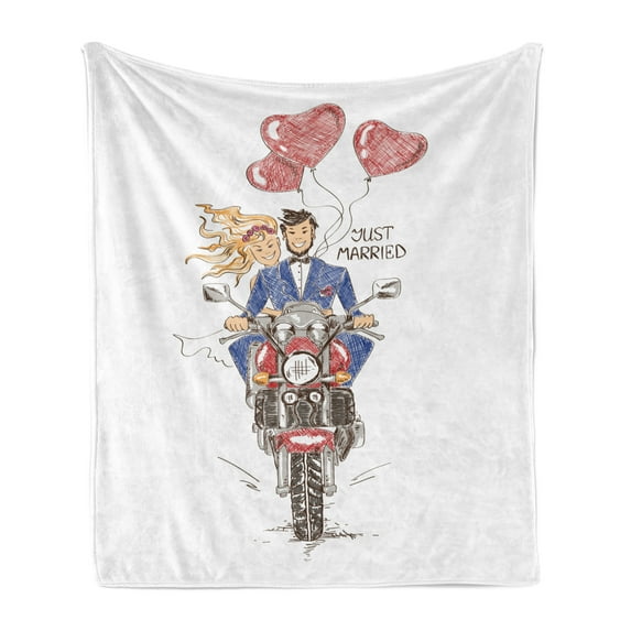Motorcycle Soft Flannel Fleece Blanket, Sketch of a Married Couple on Bike with Hand Drawn Heart Shaped Balloons Wedding, Cozy Plush for Indoor and Outdoor Use, 70" x 90", Multicolor, by Ambesonne