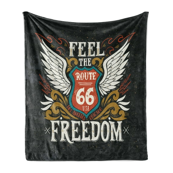 Motorcycle Soft Flannel Fleece Throw Blanket, Biker Motto Feel the Freedom Grunge Hand Drawn Illustration American Culture, Cozy Plush for Indoor and Outdoor Use, 60" x 80", Multicolor, by Ambesonne