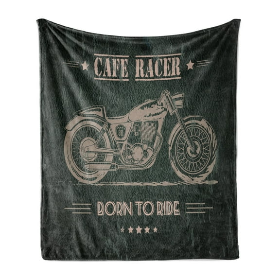 Motorcycle Soft Flannel Fleece Throw Blanket, Born to Die Words Bike on Grunge Effect Retro Style, Cozy Plush for Indoor and Outdoor Use, 50" x 60", Dark Green Warm Taupe, by Ambesonne