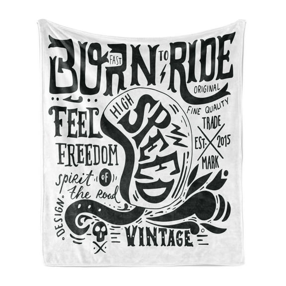 Motorcycle Soft Flannel Fleece Throw Blanket, Born to Ride of the Road Messages Grunge Biker Culture Monochrome, Cozy Plush for Indoor and Outdoor Use, 50" x 60", Black and White, by Ambesonne