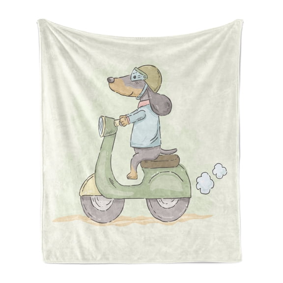 Motorcycle Soft Flannel Fleece Throw Blanket, Cartoon Style Pastel Tone Image of a Doggie Dachshund Animal Rider Artwork, Cozy Plush for Indoor and Outdoor Use, 60" x 80", Multicolor, by Ambesonne