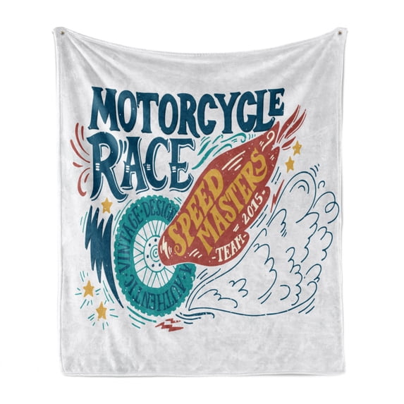 Motorcycle Soft Flannel Fleece Throw Blanket, Colorful Composition with a Bike Tire Speed Masters Words with Grunge Effect, Cozy Plush for Indoor and Outdoor Use, 50" x 70", Multicolor, by Ambesonne