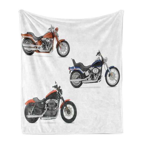 Motorcycle Soft Flannel Fleece Throw Blanket, Illustration of 3 Motorcycles Freedom Transport Risky Extreme Sports Theme, Cozy Plush for Indoor and Outdoor Use, 50" x 60", Orange Black, by Ambesonne