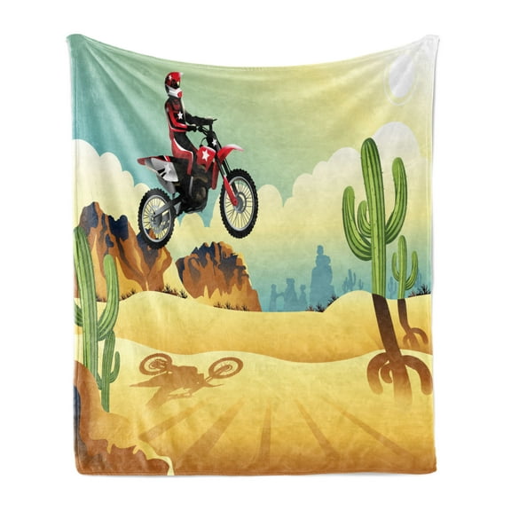 Motorcycle Soft Flannel Fleece Throw Blanket, Landscape Desert Scene of Cactus Sand and a Man on Chopper Going Wildly, Cozy Plush for Indoor and Outdoor Use, 70" x 90", Multicolor, by Ambesonne