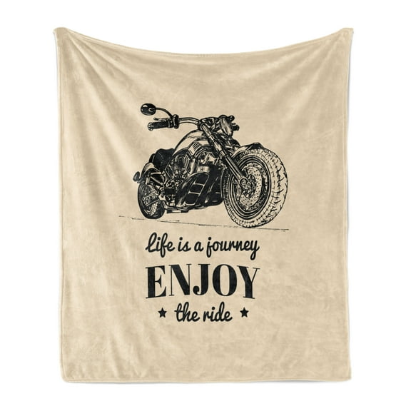 Motorcycle Soft Flannel Fleece Throw Blanket, Monochrome Custom Chopper Design and a Words Hand Drawn Bike, Cozy Plush for Indoor and Outdoor Use, 50" x 60", Beige and Black, by Ambesonne