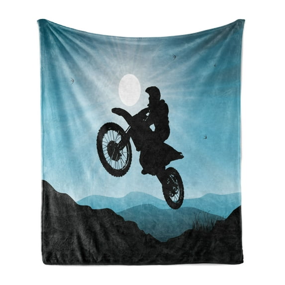 Motorcycle Soft Flannel Fleece Throw Blanket, Motorsport Man Silhouette on a Mountainous Setting Flying in Air, Cozy Plush for Indoor and Outdoor Use, 70" x 90", Blue and Charcoal Grey, by Ambesonne