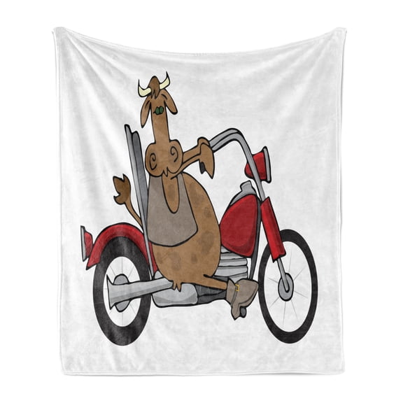 Motorcycle Soft Flannel Fleece Throw Blanket, Pattern of Cartoon Style Cow Riding a 2 Wheel Chopper on Plain Background, Cozy Plush for Indoor and Outdoor Use, 50" x 60", Multicolor, by Ambesonne