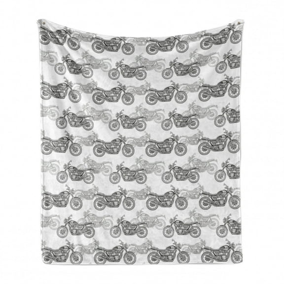 Motorcycle Soft Flannel Fleece Throw Blanket, Realistic Grayscale Illustration of Classic Motorcycles Many Details, Cozy Plush for Indoor and Outdoor Use, 60" x 80", Grey White Black, by Ambesonne