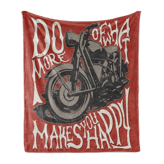 Motorcycle Soft Flannel Fleece Throw Blanket, Retro Bike with Uplifting Lettering Free Spirited Rider Words, Cozy Plush for Indoor and Outdoor Use, 60" x 80", Red Warm Taupe and White, by Ambesonne