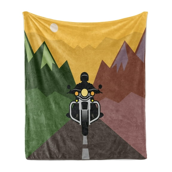 Motorcycle Soft Flannel Fleece Throw Blanket, Rider Adventure in the Mountains Cartoon Style Illustration Vintage Traveling, Cozy Plush for Indoor and Outdoor Use, 50" x 70", Multicolor, by Ambesonne