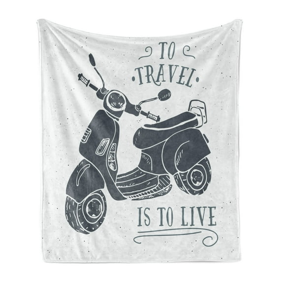 Motorcycle Soft Flannel Fleece Throw Blanket, Sketch Scooter with to Travel is to Live Words Hand Drawn Design, Cozy Plush for Indoor and Outdoor Use, 50" x 60", Dark Bluegrey and White, by Ambesonne