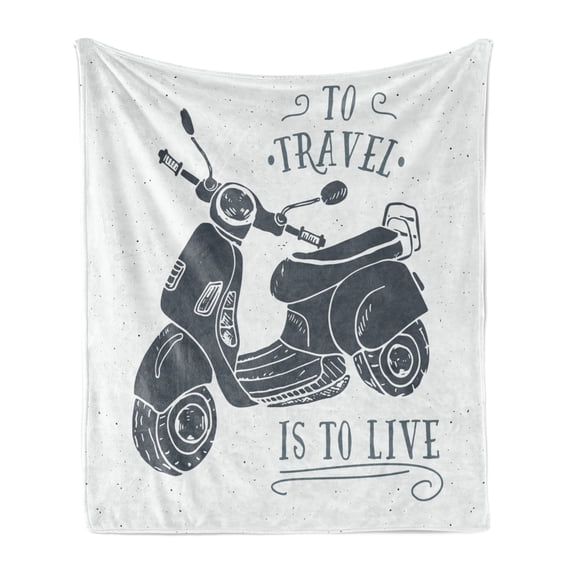 Motorcycle Soft Flannel Fleece Throw Blanket, Sketch Scooter with to Travel is to Live Words Hand Drawn Design, Cozy Plush for Indoor and Outdoor Use, 50" x 70", Dark Bluegrey and White, by Ambesonne