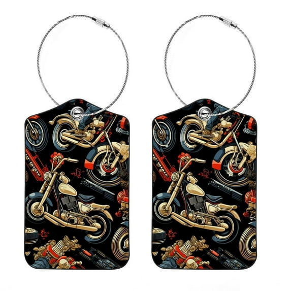 Motorcycle Square PU Leather Luggage Tags, 2 Pack, with Privacy Cover and Stainless Steel Ring - Suitable for Travel, Backpack, Handbag - Bag Tags, Handbag Tags