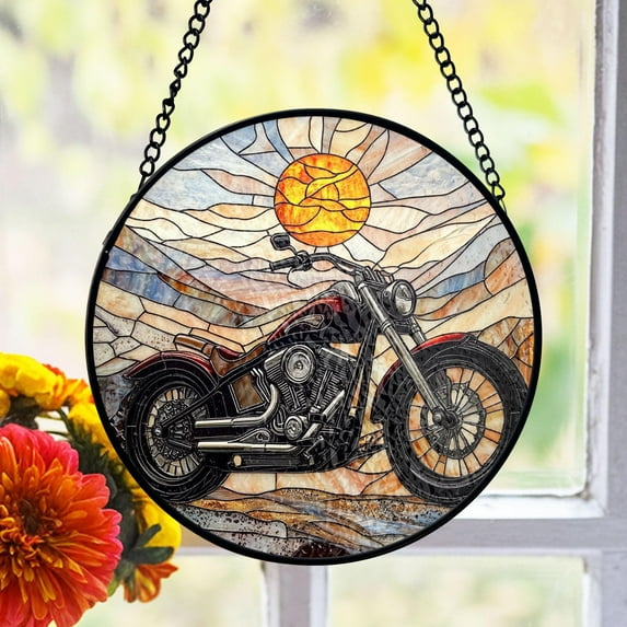 Motorcycle Stained Glass Suncatcher, Sunset Road Scene Window Decor, Biker Art Theme, Gift for Dad, Father's Day Gift 4297392842