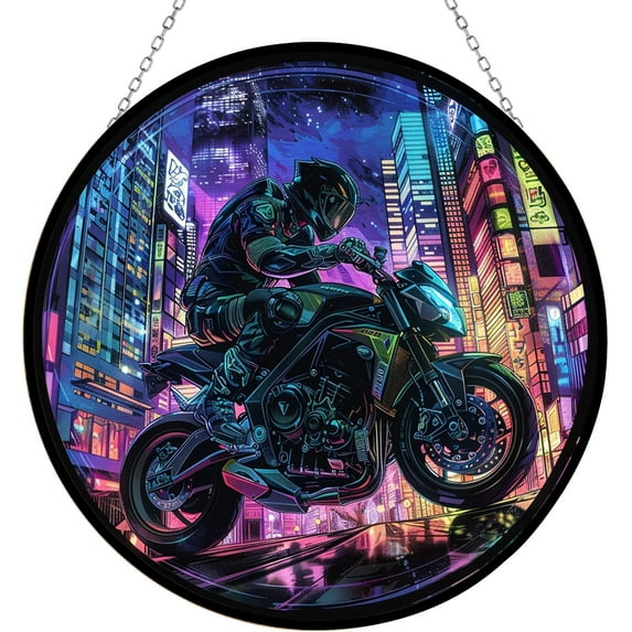 Motorcycle Stained Glass Suncather Window Hangings, Suncatchers Colorful Glass Panel Sun Catchers Gifts, Decoration for Home Garden Christmas Party Wedding