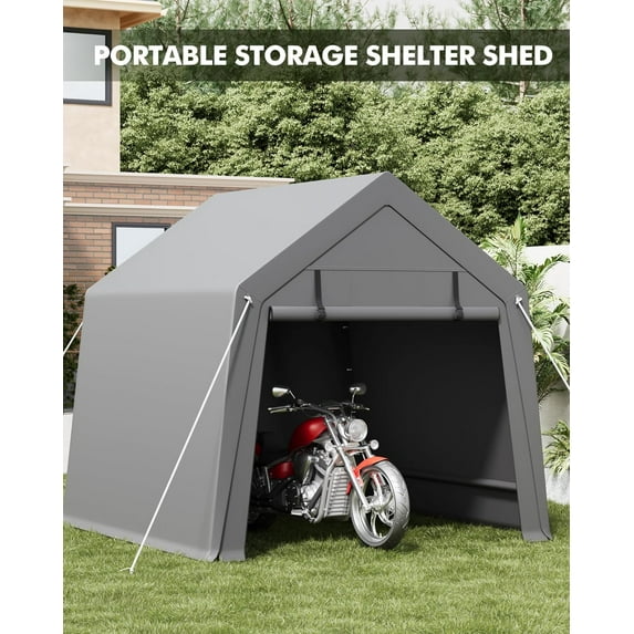 Motorcycle Storage Sheds 6x8 FT, Portable Shed with Rolled up Zipper Door, Waterproof, Storage Tent Heavy Duty for Motorcycle, Bike, Firewood, Garden Tools, Grey