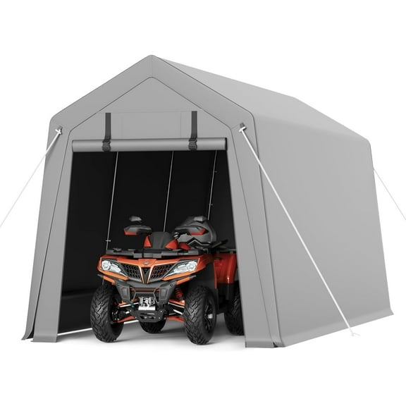 Motorcycle Storage Sheds 6x8 FT, Portable Shed with Rolled up Zipper Door, Waterproof, Storage Tent Heavy Duty for Motorcycle, Bike, Firewood, Garden Tools, Grey