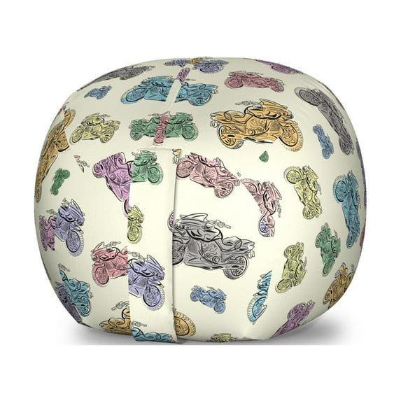 Motorcycle Storage Toy Bag Chair, Pastel Color Racing Motorcycle Sketching Display Cartoon Style Large and Small, Stuffed Animal Organizer Washable Bag, Large Size, Multicolor, by Ambesonne