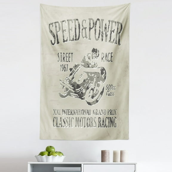 Motorcycle Tapestry, Classic Motorbike with Vintage Design Inspirations Speed and Power Lettering, Fabric Wall Hanging Decor for Bedroom Living Room Dorm, 5 Sizes, Eggshell Taupe, by Ambesonne