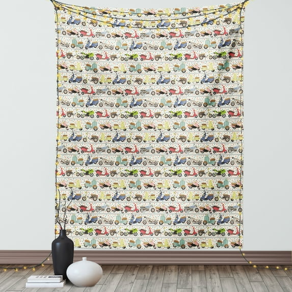 Motorcycle Tapestry, Vintage Multicolored Motorcycles Old and Modern and Lively Spots in Background, Wall Hanging for Bedroom Living Room Dorm Decor, 60W X 80L Inches, Multicolor, by Ambesonne