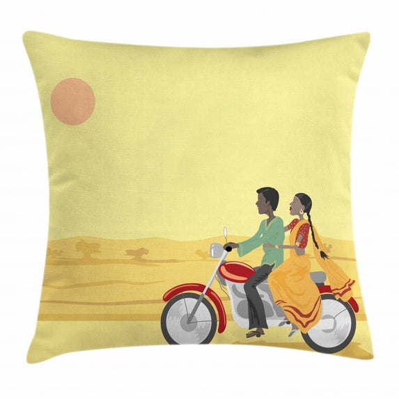 Motorcycle Throw Pillow Cushion Cover, Hand Drawn Illustration of an Asian Couple on a Vehicle under the Setting Sun, Decorative Square Accent Pillow Case, 16 X 16 Inches, Multicolor, by Ambesonne