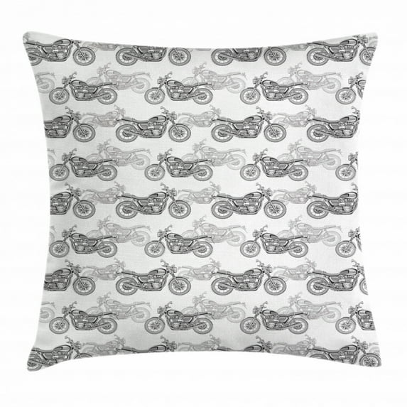 Motorcycle Throw Pillow Cushion Cover, Realistic Grayscale Illustration of Classic Motorcycles with Many Details, Decorative Square Accent Pillow Case, 20 X 20 Inches, Grey White Black, by Ambesonne