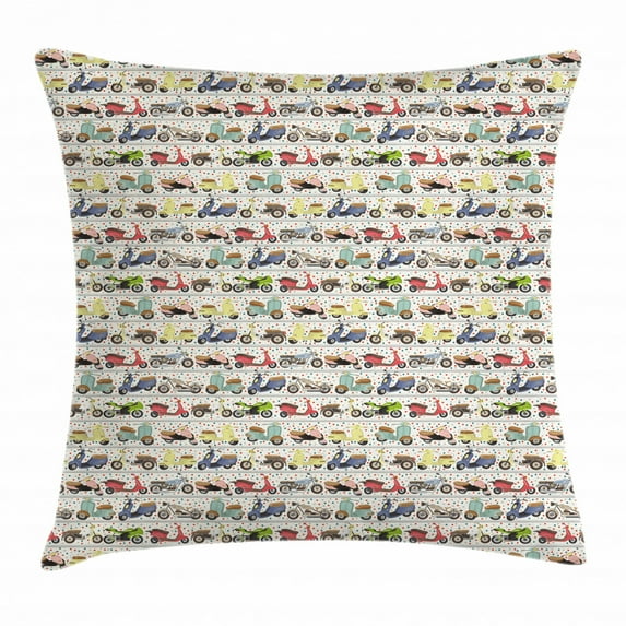 Motorcycle Throw Pillow Cushion Cover, Vintage Multicolored Motorcycles Old and Modern and Lively Spots in Background, Decorative Square Accent Pillow Case, 18 X 18 Inches, Multicolor, by Ambesonne