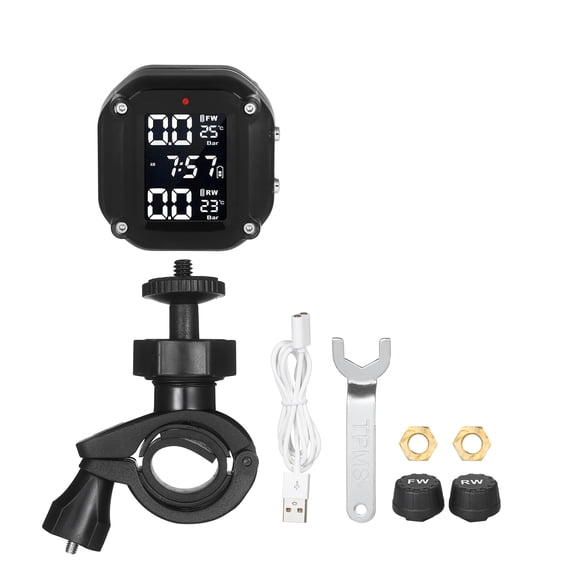 Motorcycle Tire Pressure Monitoring System - Universal Wireless TPMS with 2 External Sensors, Real-time LCD Display, IP67 Waterproof, Auto Sleep & Awake