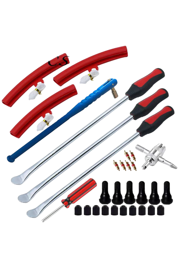 Motorcycle Tire Repair Kit 31 Piece Steel Set with Pry Bars Spoon Levers and Valve Tools for Motorcycle and Car Tire Installation Tasks (Red)