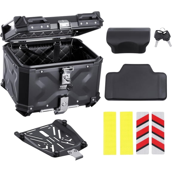 Motorcycle Top Case, Universal Aluminum Alloy Motorbike Tail Box with Leather Lining, Waterproof Detachable Motorcycle Top Box with Lock & Back Cushion