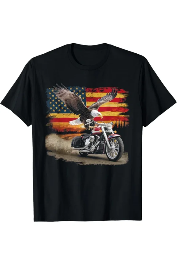 Motorcycle USA Flag Biker Retro Patriotic Unisex T-Shirt, S-5XL