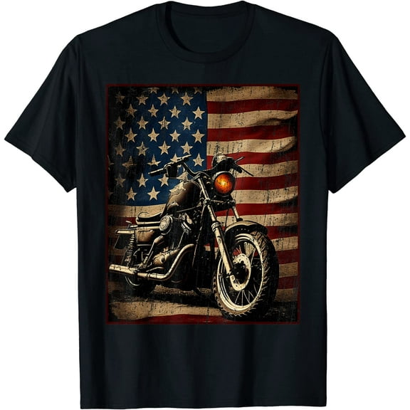 Motorcycle USA Flag Retro Biker T-Shirt Black 2X-Large