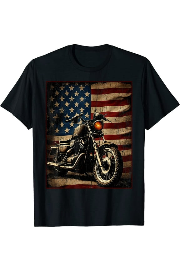 Motorcycle USA Flag Retro Biker T-Shirt Black Small