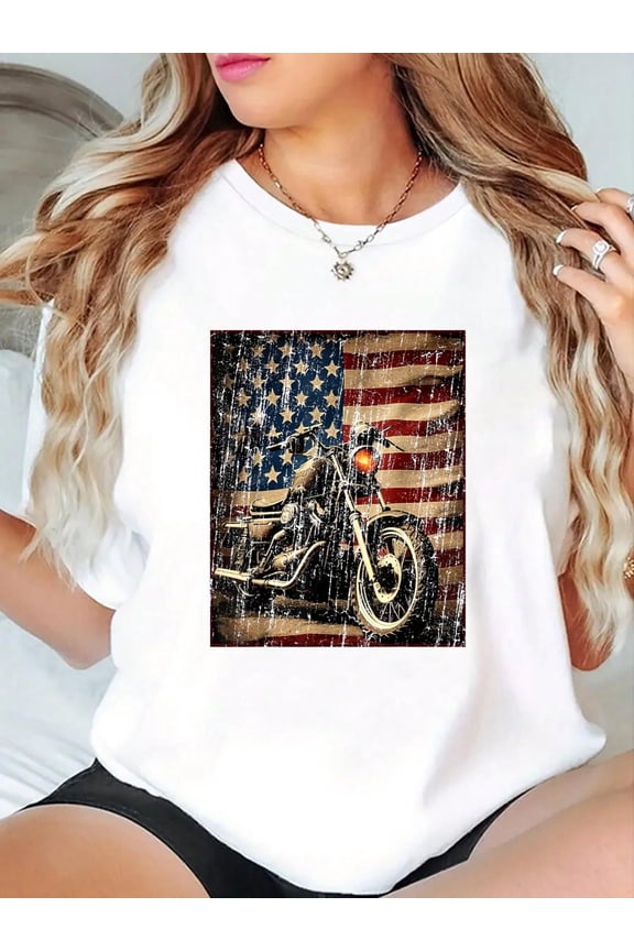 Motorcycle USA Flag Retro Biker T-Shirt - Soft 100% Cotton Short Sleeve, Summer Outdoor Essential For Men Women - Perfect For Daily Wear, Hiking, And Travel