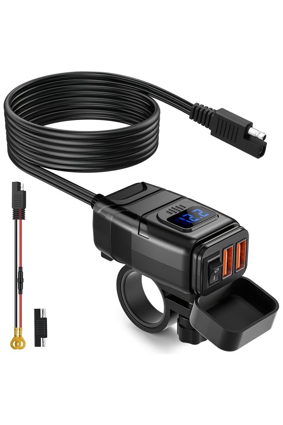 Motorcycle USB Charger, 6.8A Quick Charge 3.0 Dual USB Motorcycle Phone Charger with Voltmeter & ON/Off Switch, Quick Disconnect SAE to USB Adapter for Phone, Tablet, GPS - Blue