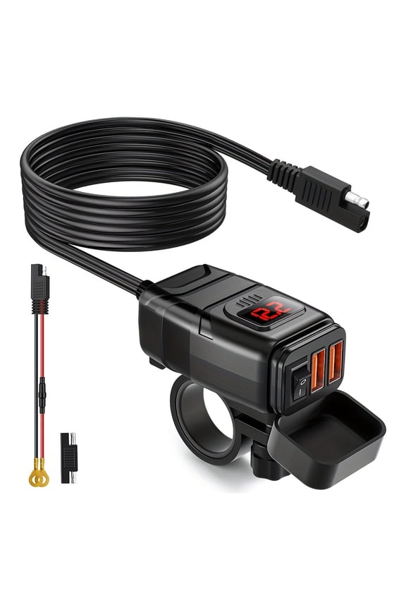 Motorcycle USB Charger, 6.8A Quick Charge 3.0 Dual USB Motorcycle Phone Charger with Voltmeter & ON/Off Switch, Quick Disconnect SAE to USB Adapter for Phone, Tablet, GPS