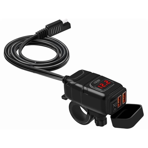 Motorcycle USB Phone Charger, Waterproof 6.8A Dual Port QC3.0 Fast Charging, Quick Disconnect SAE USB Adapter with Voltmeter ON/Off Switch&Fuse for Phone,Tablet