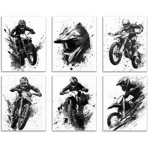 Motorcycle Unframed Waterproof Canvas Wall Art Decor,Motocross Rider Racer Black and White Canvas Wall Poster for Garage Man Cave Playroom Home Office Decor 8x10 inch