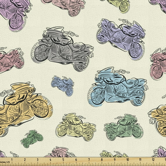 Motorcycle Upholstery Fabric by the Yard, Pastel Color Racing Motorcycle Sketching Display Cartoon Style Large and Small, Decorative Fabric for DIY and Home Accents, 5 Yards, Multicolor by Ambesonne