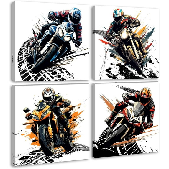Motorcycle Wall Art Boys Room Decor Graffiti Motocross Posters Motorcycle Canvas Prints Pictures for Mens Cave Dirt Bike Lovers Bedroom Game Room Decoration Framed and Ready to Hang 12"×12" × 4 Pcs