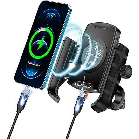 Motorcycle Wireless 15W Qi/USB Quick Charger 3.0 Phone Holder 2 in 1 Mount on 22-32mm Handlebar or Rear-View Mirror Fast Charging for 3.5-6.8 inch Cellphones(blue)