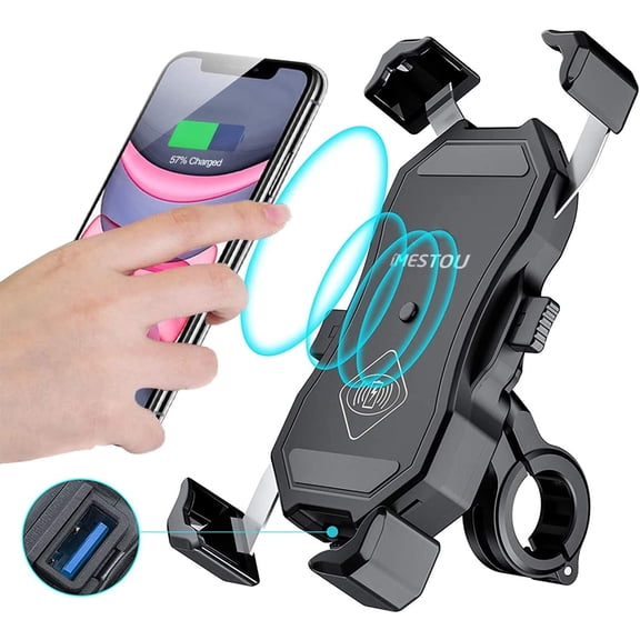 Motorcycle Wireless Qi & USB Quick Charge 3.0 Phone Holder Charger Motorbike Cellphone Mount compatible 22-32mm Handlebar/Rear-view Mirror Compatible with 3.5-6.8 inch Smartphones_Premium Gift