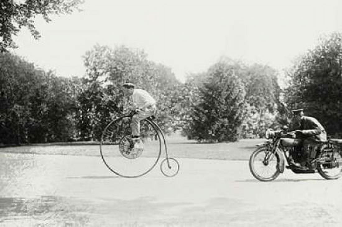 Motorcycle cop chases a Penny Farthing Velocipede Canvas Art - Unknown (12 x 18)