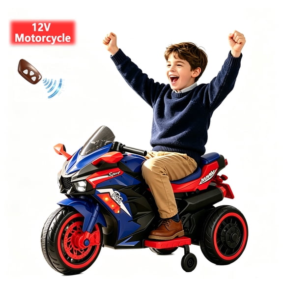 YOMYM 12V Battery Powered Racing Motorbike Toy, LED Lights Bluetooth Music, Anti-Slip Wheels Electric Riding Vehicle for Boys Girls Ages 3-6, Max Load 100LBS