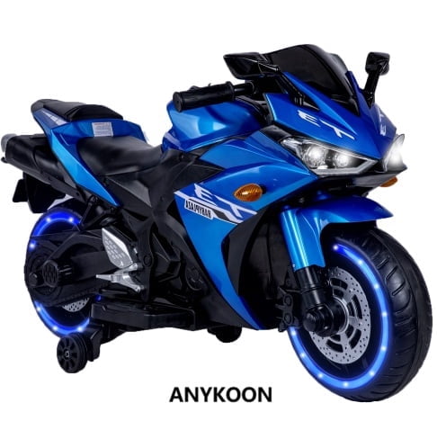 Anykoon 12V Kids Ride On Motorcycle with Training Wheels, Manual Throttle & Light Wheels, for Boys Girls Ages 3-6, Blue