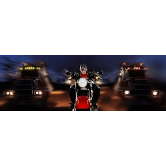 Motorcycle rider between two semi trucks Poster Print (36 x 12)