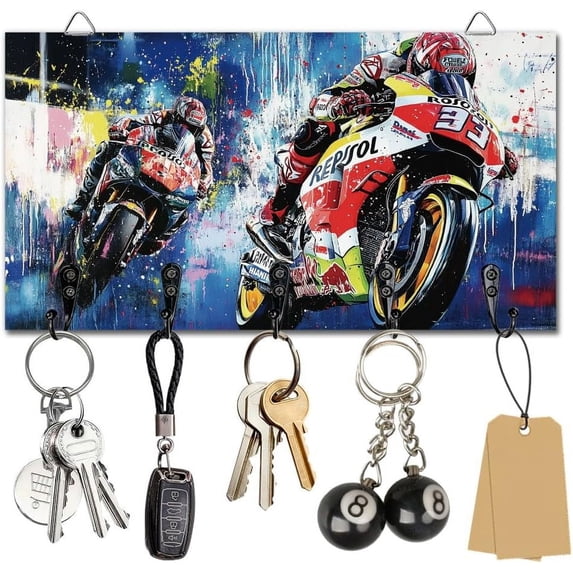 Motorcycles Key Holder Wall Mounted Wooden Keys Racks Storage Organizer Hanger with 5 Key Hooks House Keys Holder