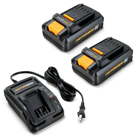 Motorhead Ultra (2) Lithium-Ion 20V 2Ah Batteries with Integrated Fuel Gauge & 1-Hour Rapid Charger