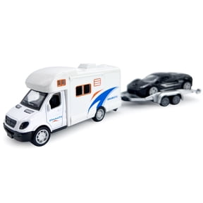 Motorhome Camper Trailer Towing Black Supercar Sports Car Model Diecast Toys for Boys Pull Back RV Toy Vehicle, Beach Sandbox Outdoor Adventure Play Set, 3 4 5 6 Years Old Kids Toddlers Gifts, white